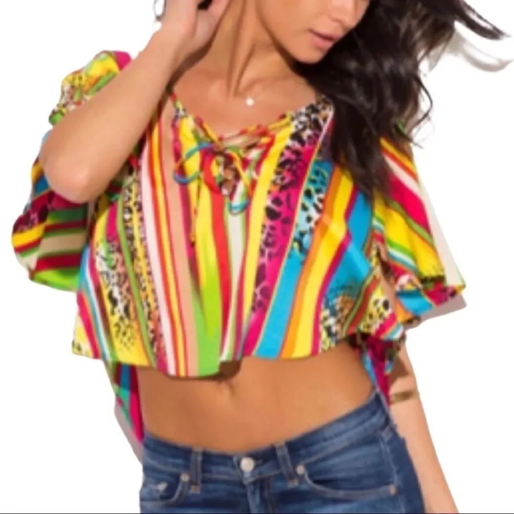 Colorful Animal Print Short Sleeve High Low Crop Top NEW